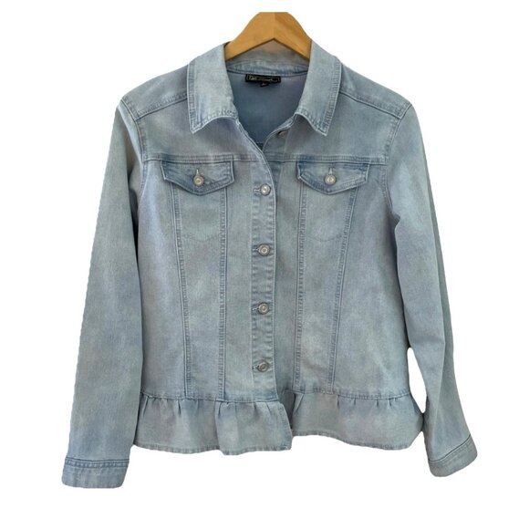 DG2 by Diane Gilman Ruffled Hem Denim Jacket Women's Large Light Wash Stretch - Picture 1 of 9